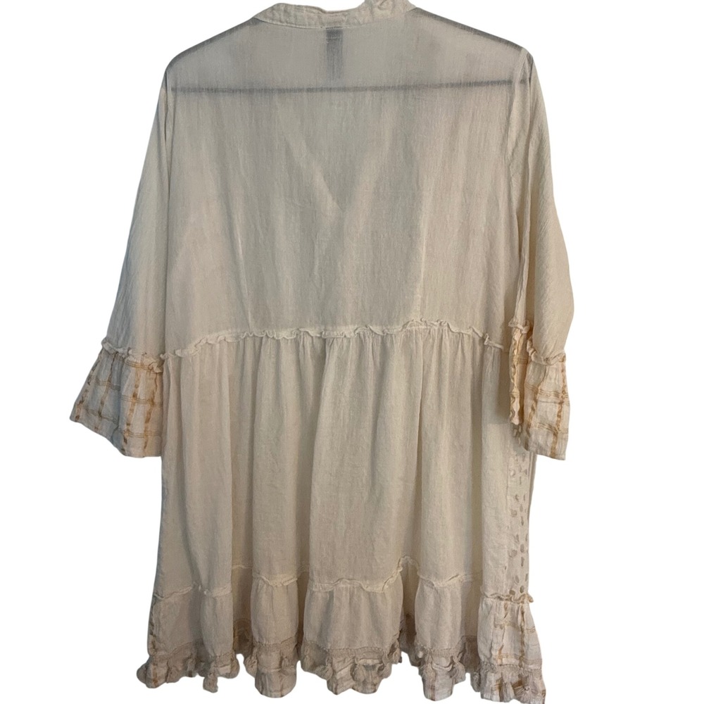 Me 2 Magic Womens Cream Eyelet Lace Boho Tunic Top Gold Grid Bell Sleeve Large - Picture 5 of 5